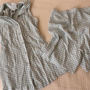 Maternity SET - Sleeveless Gingham Button-Front in Light Blue & White